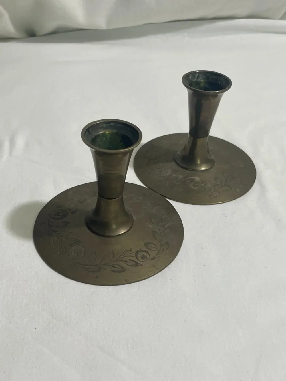 Vintage Pair Etched Solid Brass Candlestick Holders India Floral Taper Candle 3.